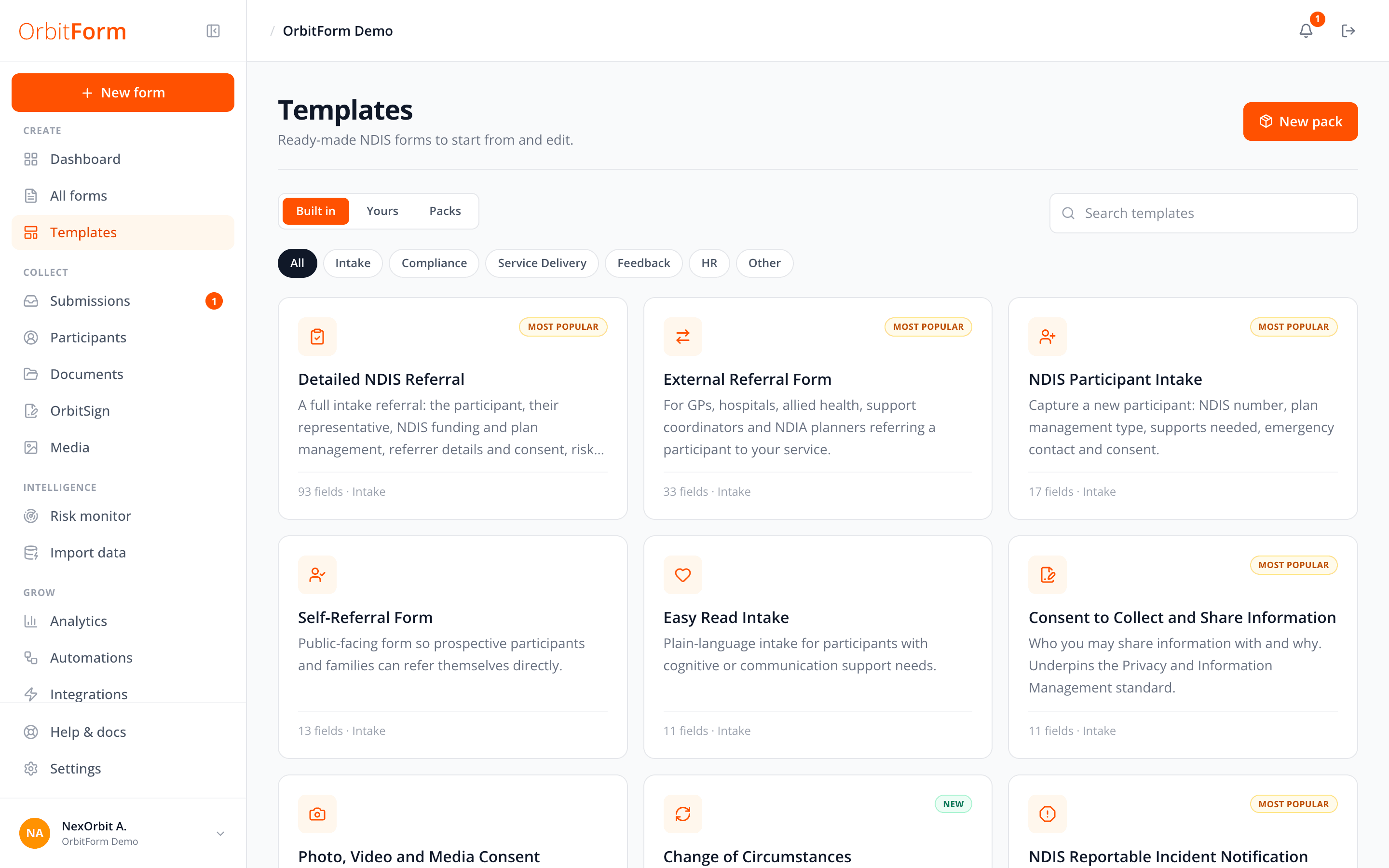 The template gallery with intake, compliance and service delivery forms
