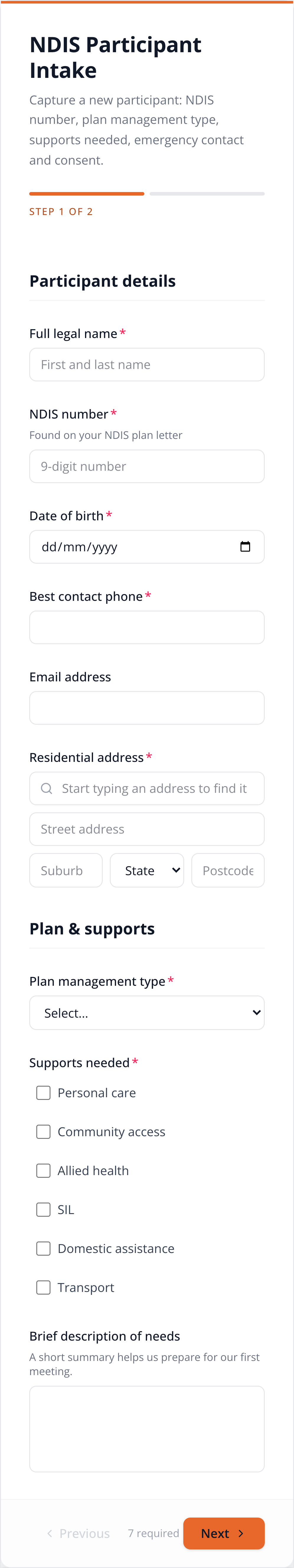 The NDIS Participant Intake form on a phone, with step one of two in progress
